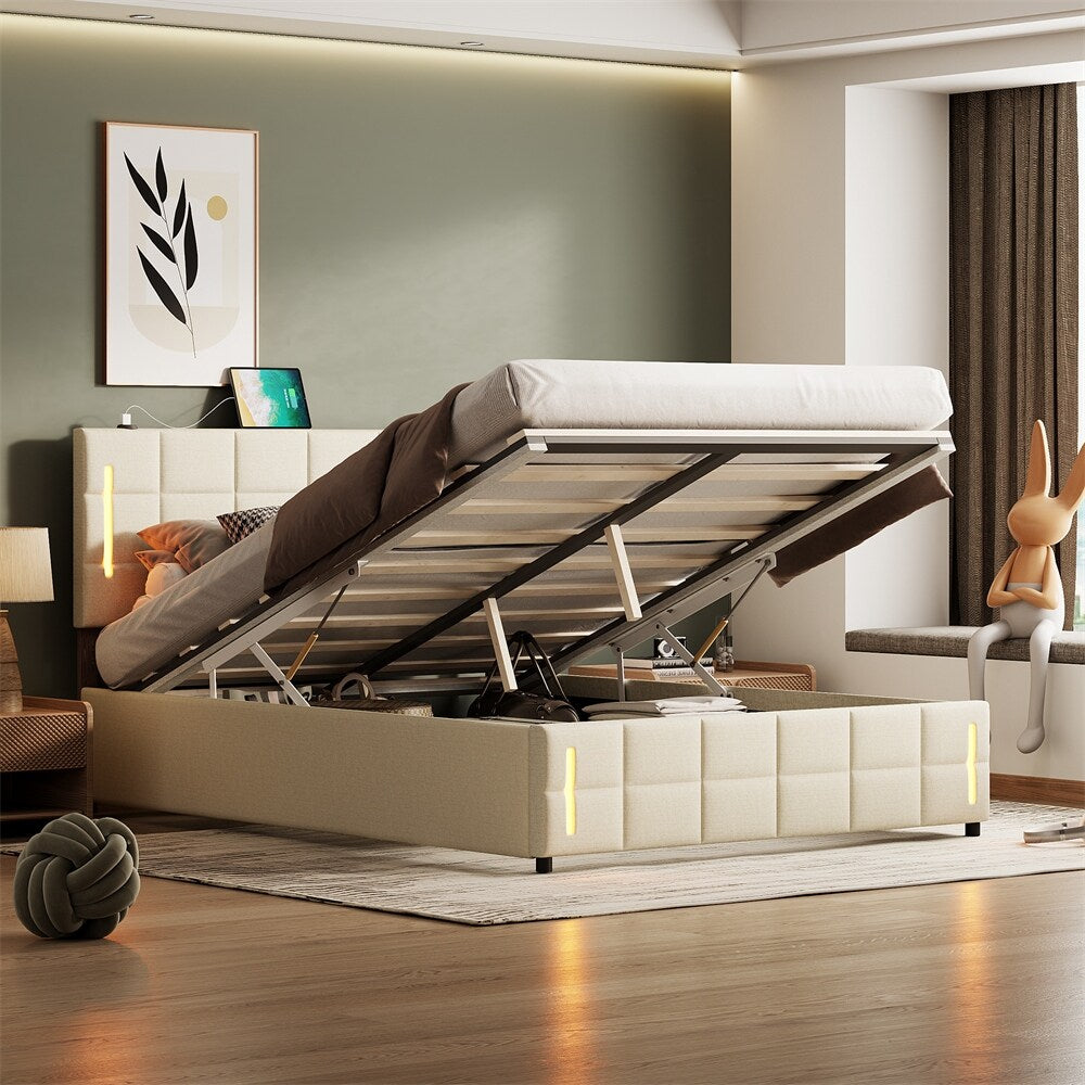 Full Size Upholstered Bed with Hydraulic Storage System and LED Light