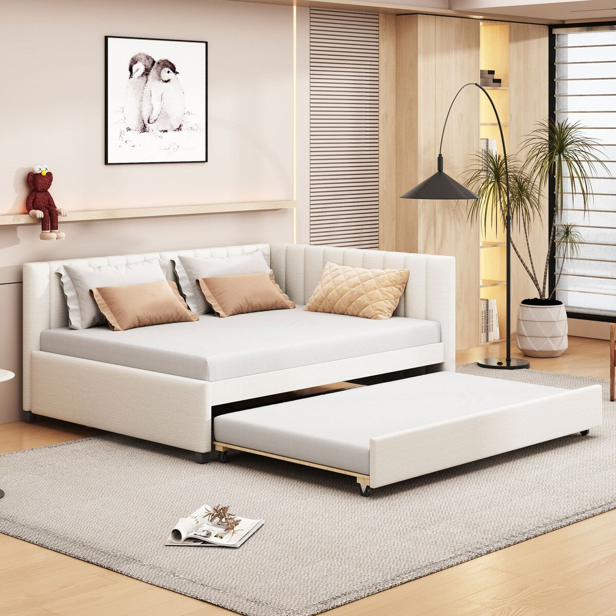 Full Size Upholstered Daybed with Trundle Sofa Bed Frame No Box Spring Needed, Linen Fabric(Gray)