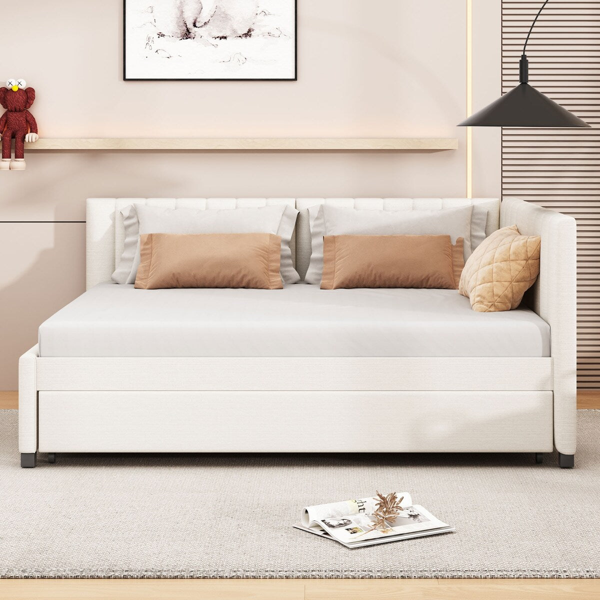 Full Size Upholstered Daybed with Trundle Sofa Bed Frame No Box Spring Needed, Linen Fabric(Gray)
