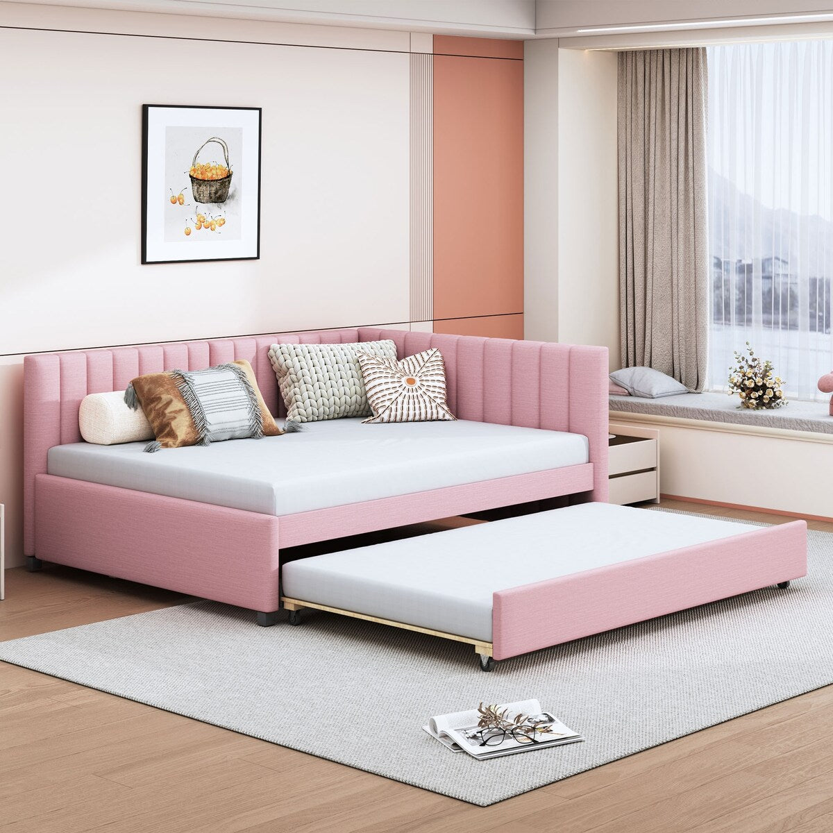 Full Size Upholstered Daybed with Trundle Sofa Bed Frame No Box Spring Needed