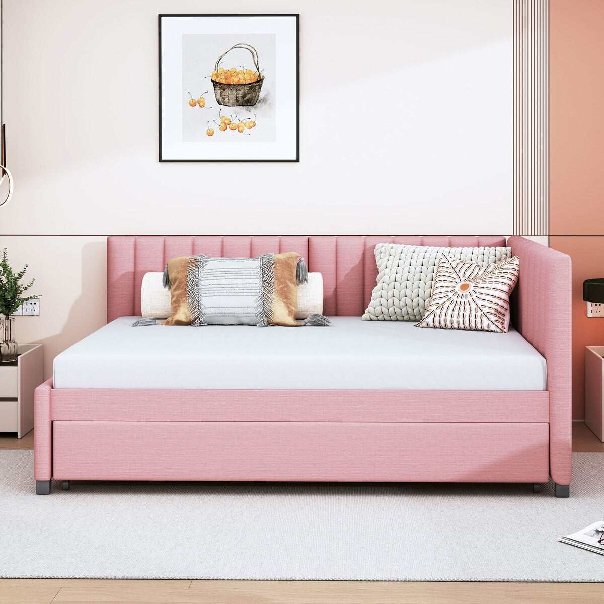 Full Size Upholstered Daybed with Trundle Sofa Bed Frame No Box Spring Needed