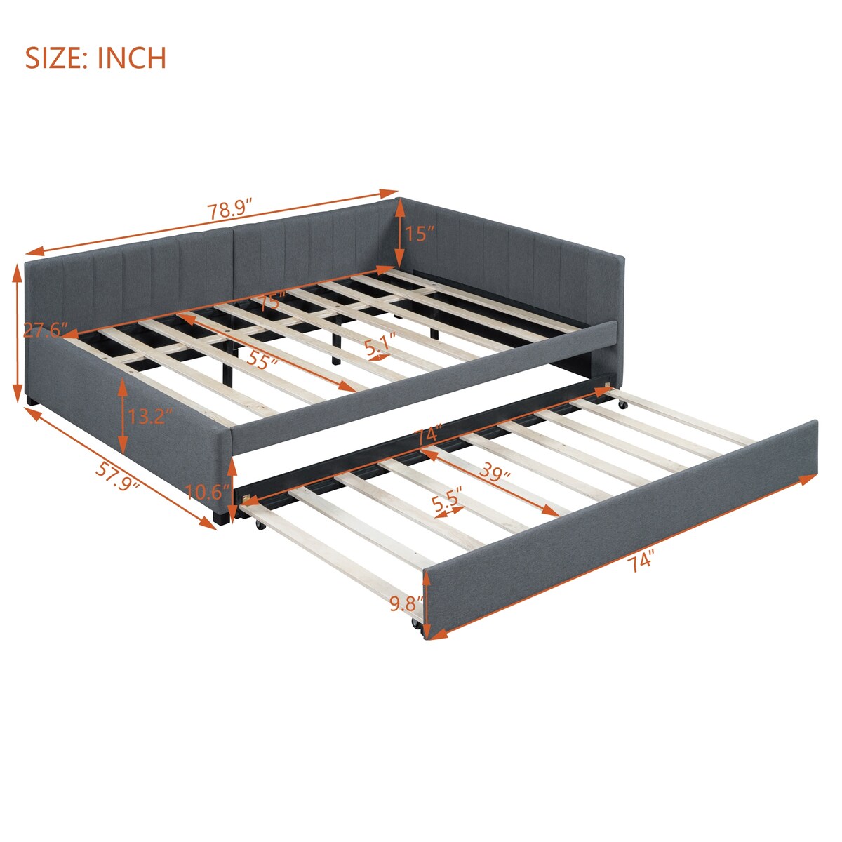 Full Size Upholstered Daybed with Trundle Sofa Bed Frame No Box Spring Needed