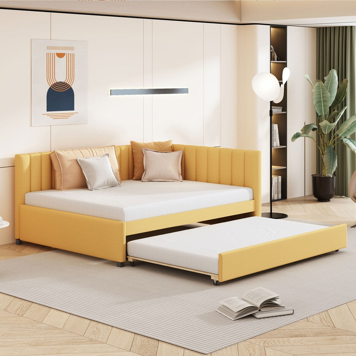 Full Size Upholstered Daybed with Trundle Sofa Bed Frame No Box Spring Needed