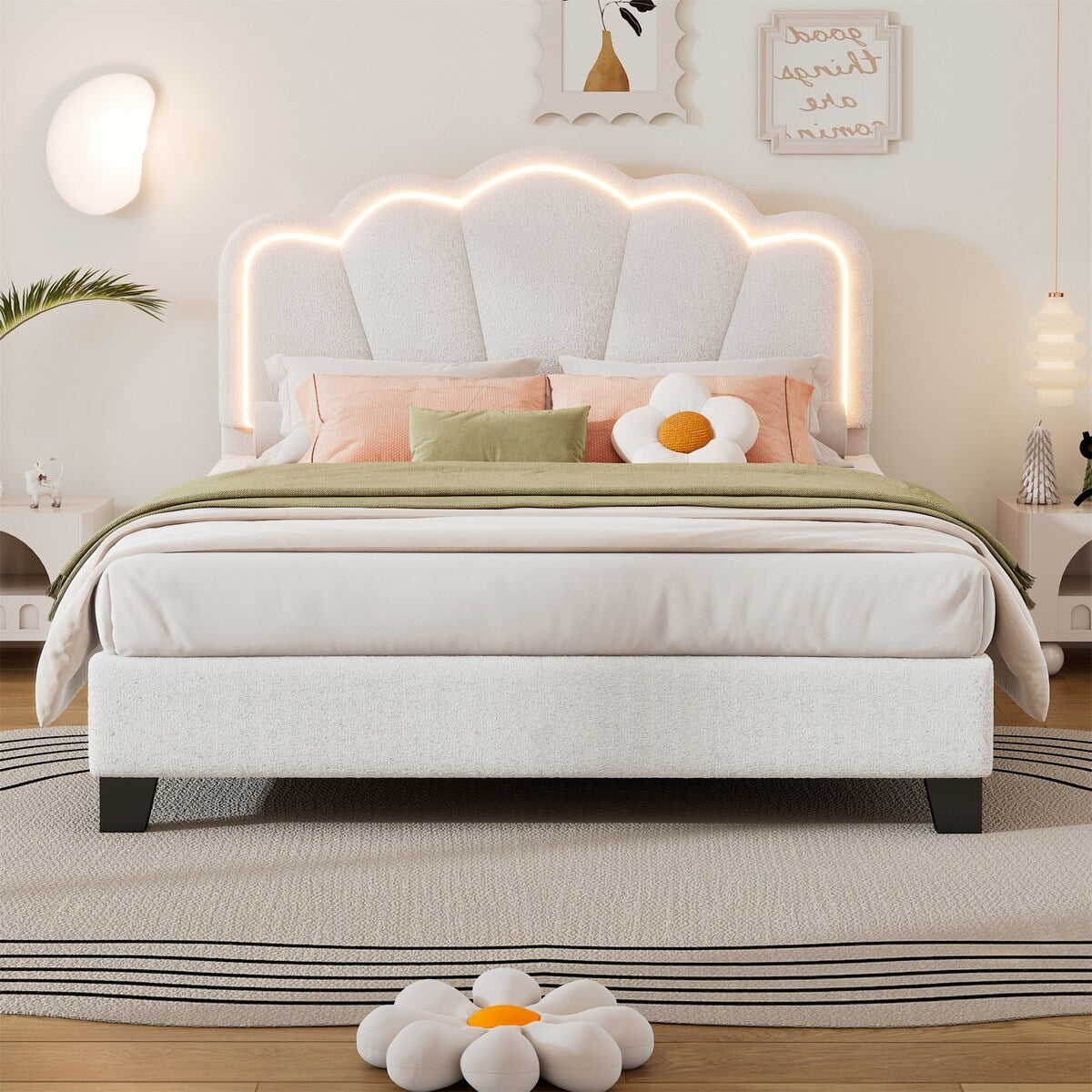 Full Size Upholstered Flower-Shape Platform Bed with LED Light Strip