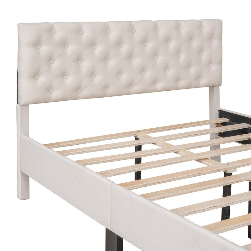 Full Size Upholstered Linen Elegant Design Platform Bed With High-quality Solid Pine Wood Construction