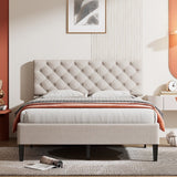 Full Size Upholstered Linen Elegant Design Platform Bed With High-quality Solid Pine Wood Construction