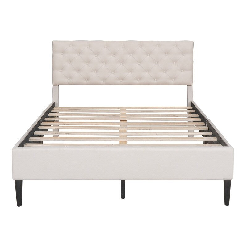 Full Size Upholstered Linen Elegant Design Platform Bed With High-quality Solid Pine Wood Construction