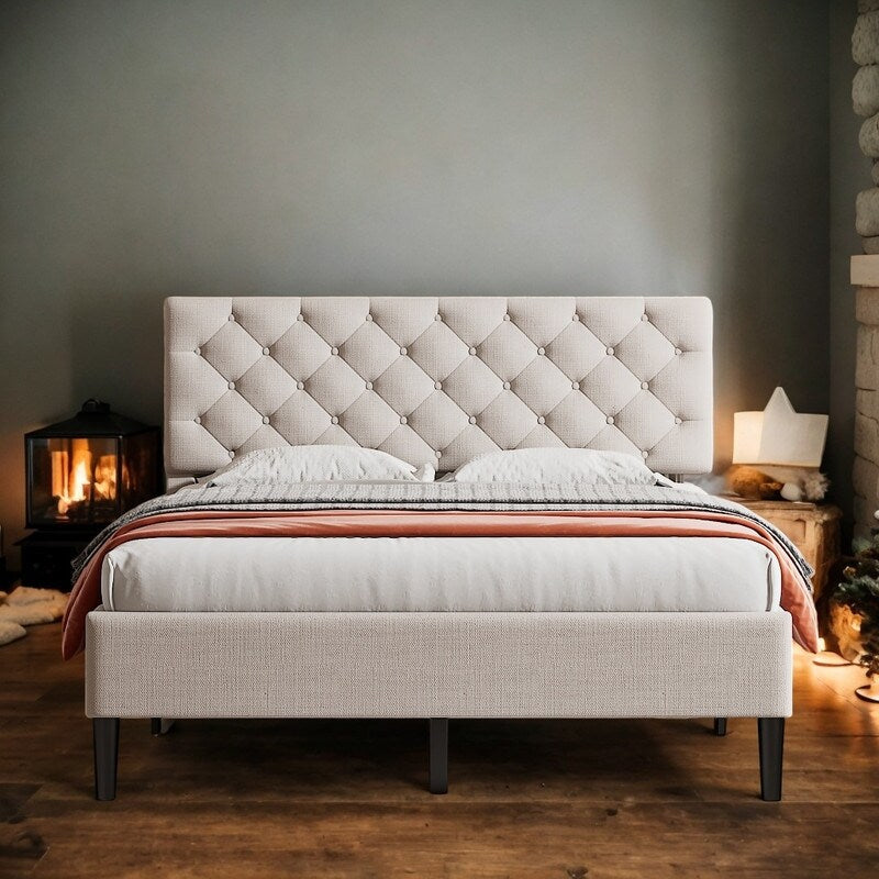 Full Size Upholstered Linen Elegant Design Platform Bed With High-quality Solid Pine Wood Construction