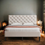 Full Size Upholstered Linen Elegant Design Platform Bed With High-quality Solid Pine Wood Construction