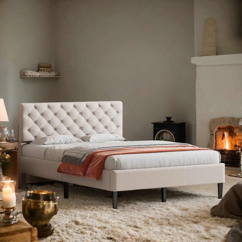 Full Size Upholstered Linen Elegant Design Platform Bed With High-quality Solid Pine Wood Construction