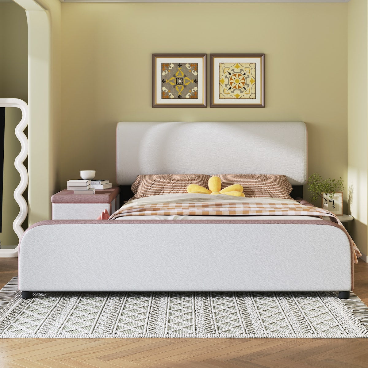 Full Size Upholstered Platform Bed with Storage Nightstand and Guardrail, Gray
