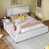 Full Size Upholstered Platform Bed with Storage Nightstand and Guardrail, Gray