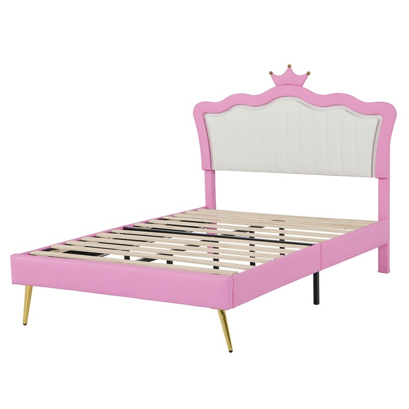 Full Size Upholstered Princess Bed with LED Lights, Crown Headboard
