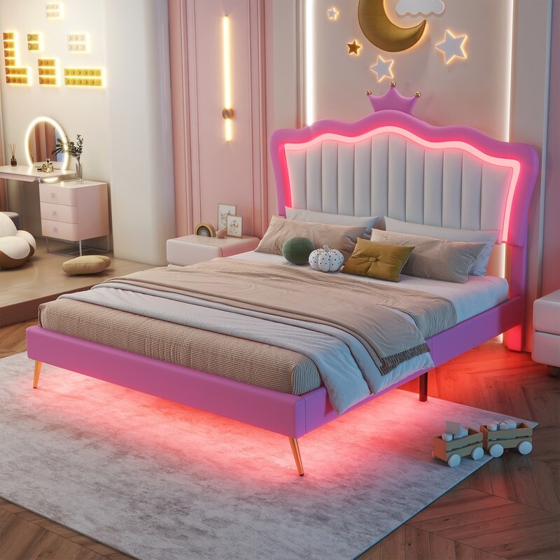 Full Size Upholstered Princess Bed with LED Lights, Crown Headboard