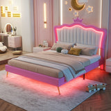 Full Size Upholstered Princess Bed with LED Lights, Crown Headboard