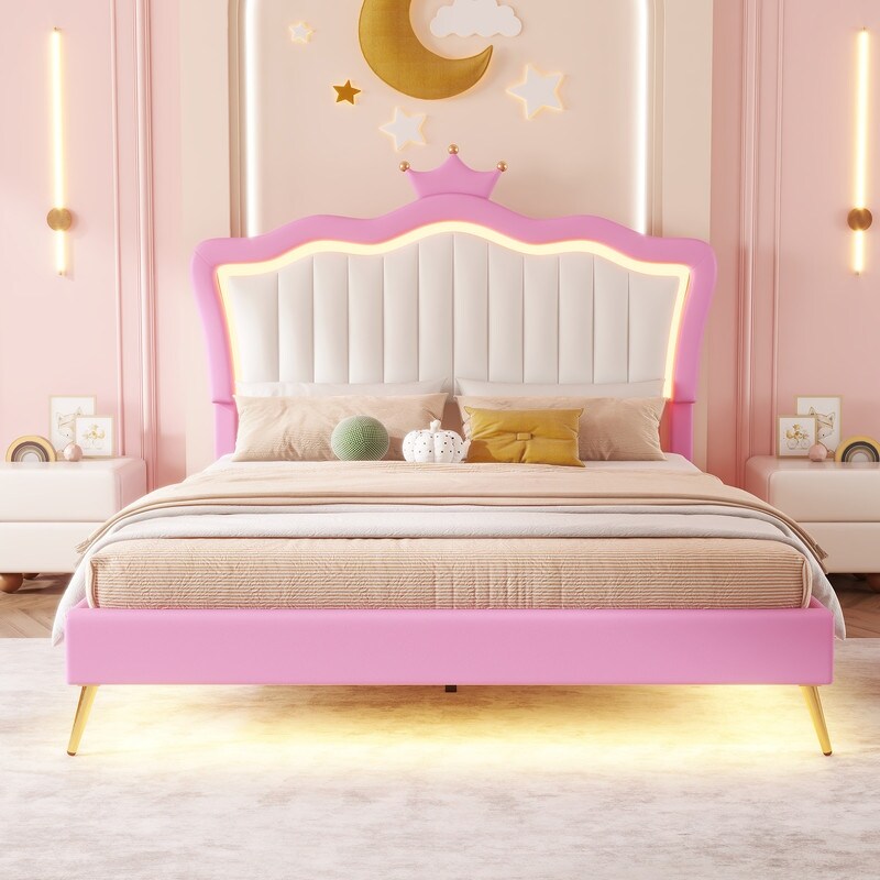 Full Size Upholstered Princess Bed with LED Lights, Crown Headboard