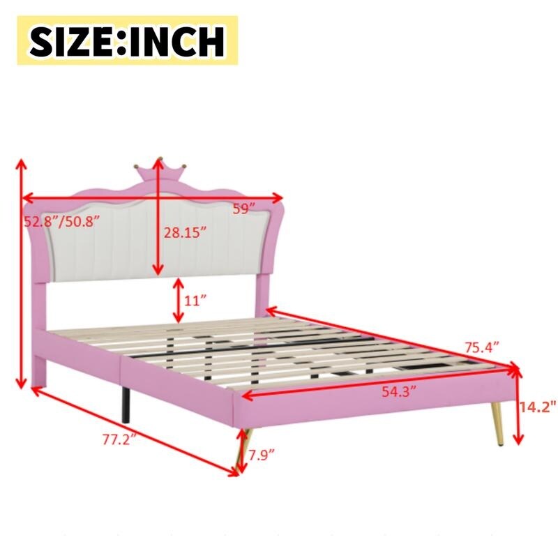 Full Size Upholstered Princess Bed with LED Lights, Crown Headboard