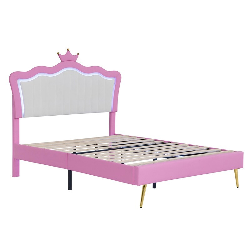 Full Size Upholstered Princess Bed with LED Lights, Crown Headboard