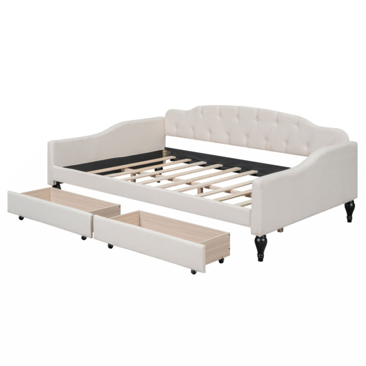 Full Size Upholstered Tufted Daybed with Two Drawers, Beige