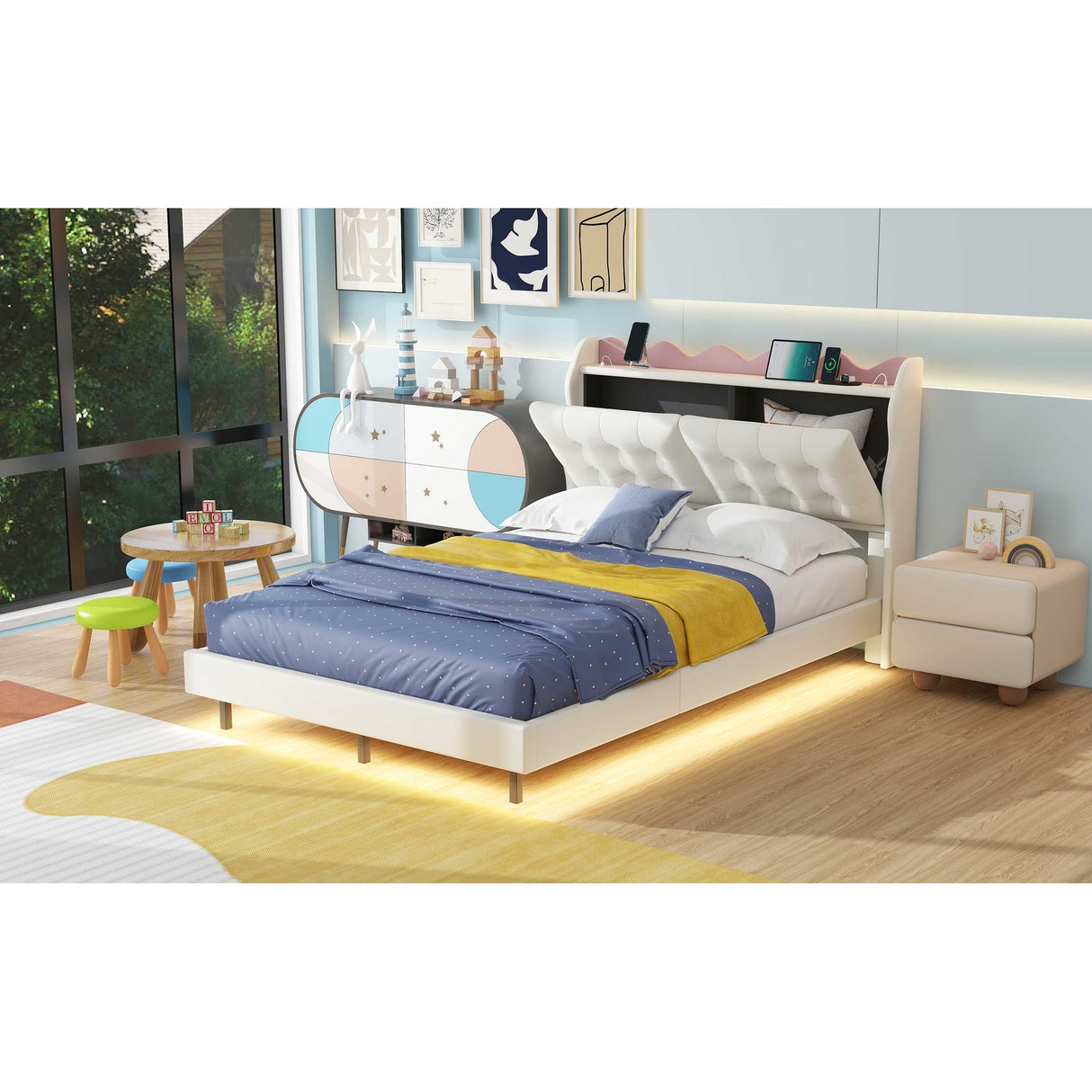 Full Size Upholstery Platform Bed Frame With Led Light Strips And Built-In Storage Space