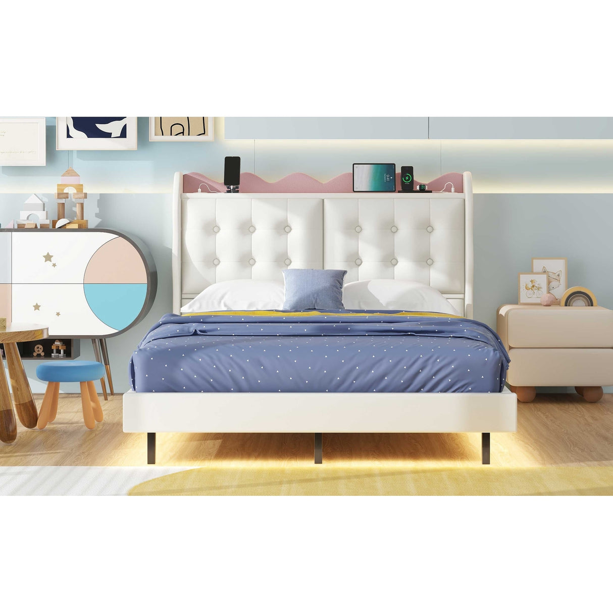 Full Size Upholstery Platform Bed Frame With Led Light Strips And Built-In Storage Space