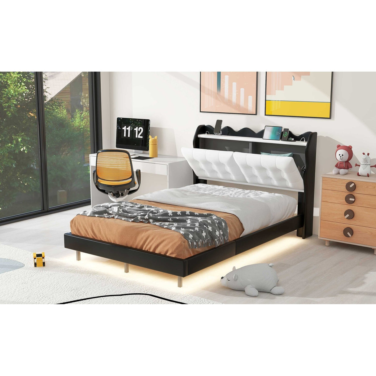 Full Size Upholstery Platform Bed Frame With Led Light Strips And Built-In Storage Space