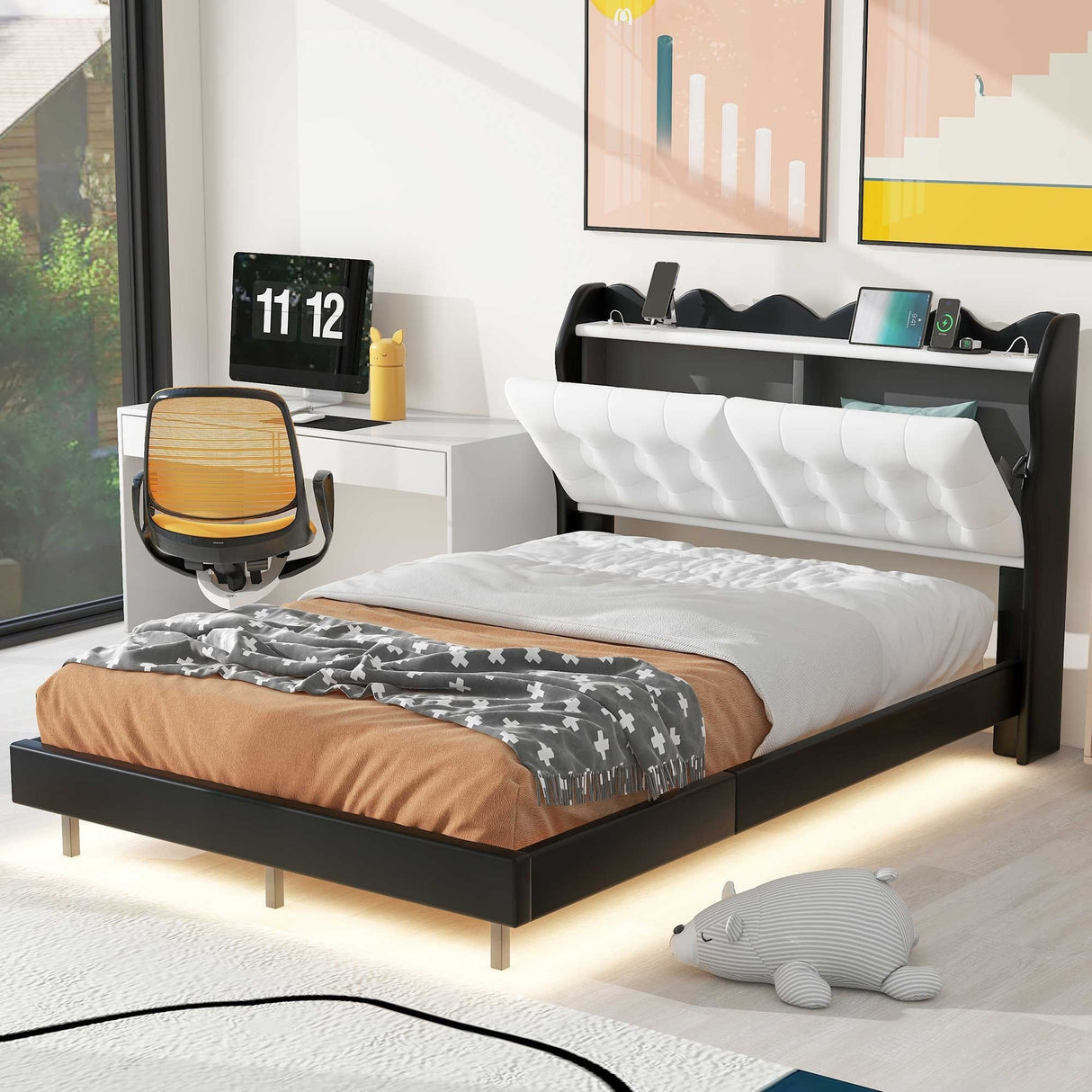 Full Size Upholstery Platform Bed Frame With Led Light Strips And Built-In Storage Space