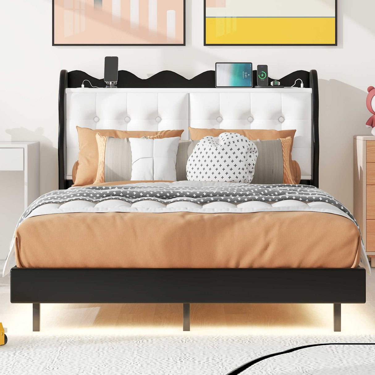 Full Size Upholstery Platform Bed Frame With Led Light Strips And Built-In Storage Space
