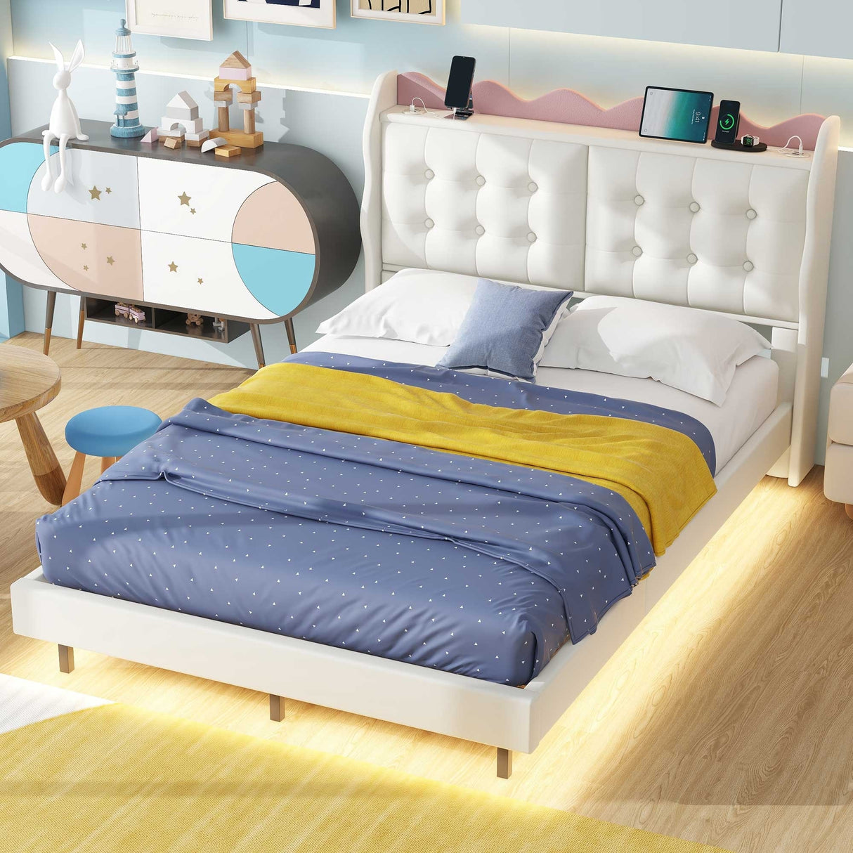 Full Size Upholstery Platform Bed Frame With Led Light Strips And Built-In Storage Space