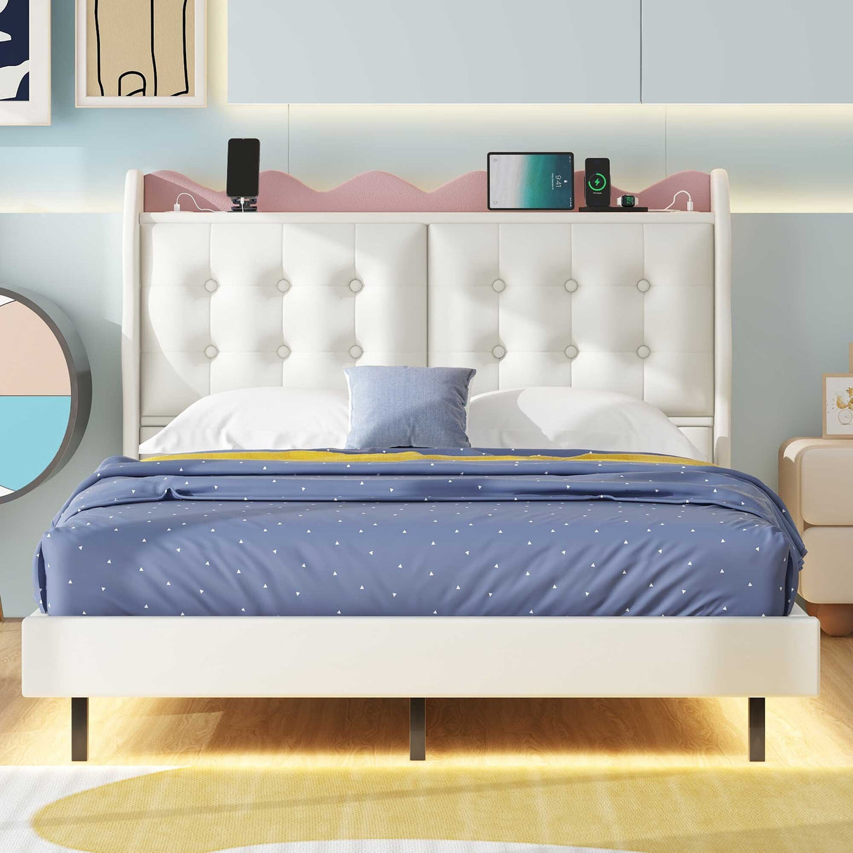 Full Size Upholstery Platform Bed Frame With Led Light Strips And Built-In Storage Space