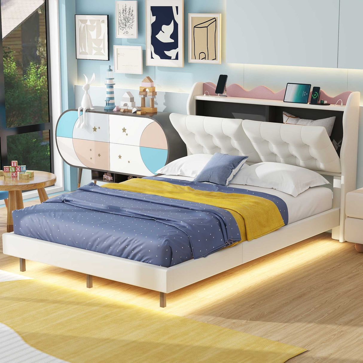 Full Size Upholstery Platform Bed Frame With Led Light Strips And Built-In Storage Space