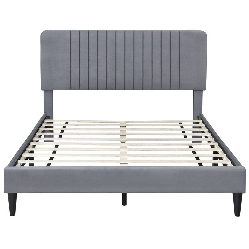 Full Size Velvet Upholstered Platform Bed, No Box Spring Needed-Grey