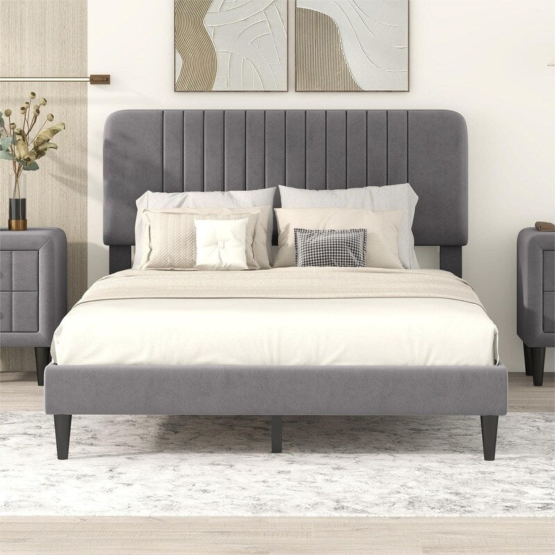 Full Size Velvet Upholstered Platform Bed, No Box Spring Needed-Grey