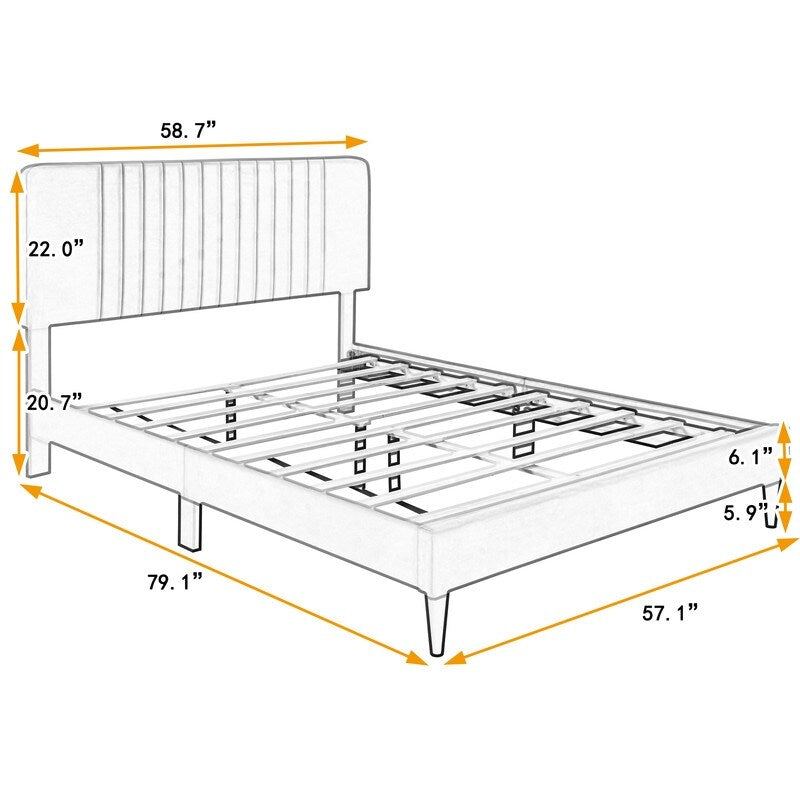 Full Size Velvet Upholstered Platform Bed, No Box Spring Needed-Grey