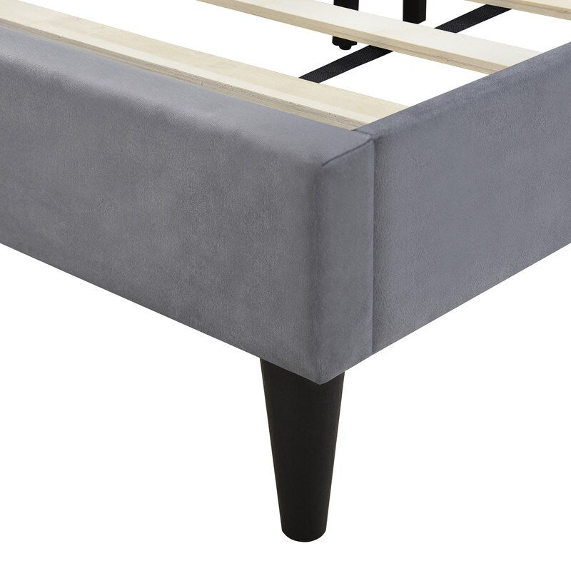 Full Size Velvet Upholstered Platform Bed, No Box Spring Needed-Grey
