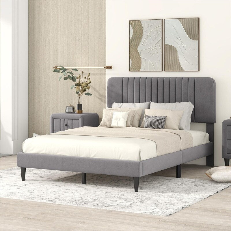 Full Size Velvet Upholstered Platform Bed, No Box Spring Needed-Grey