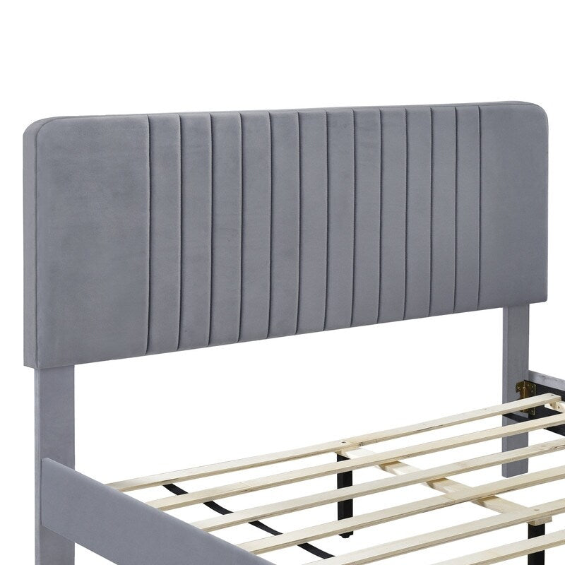 Full Size Velvet Upholstered Platform Bed, No Box Spring Needed-Grey