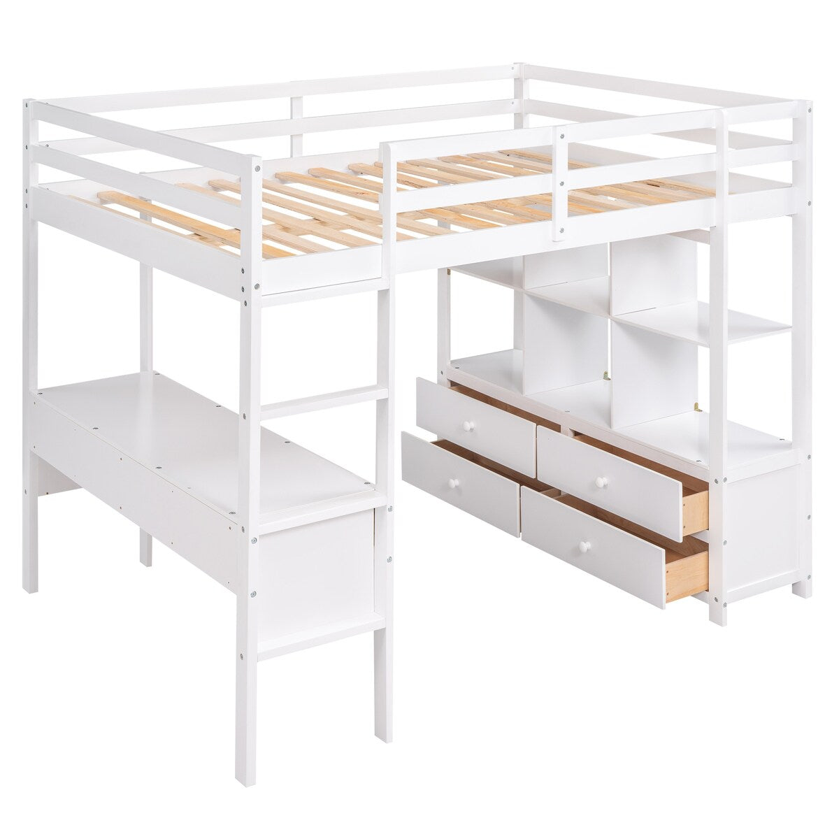 Full Size White Loft Bed, Solid Wood Loftbed Frame for Study and Work
