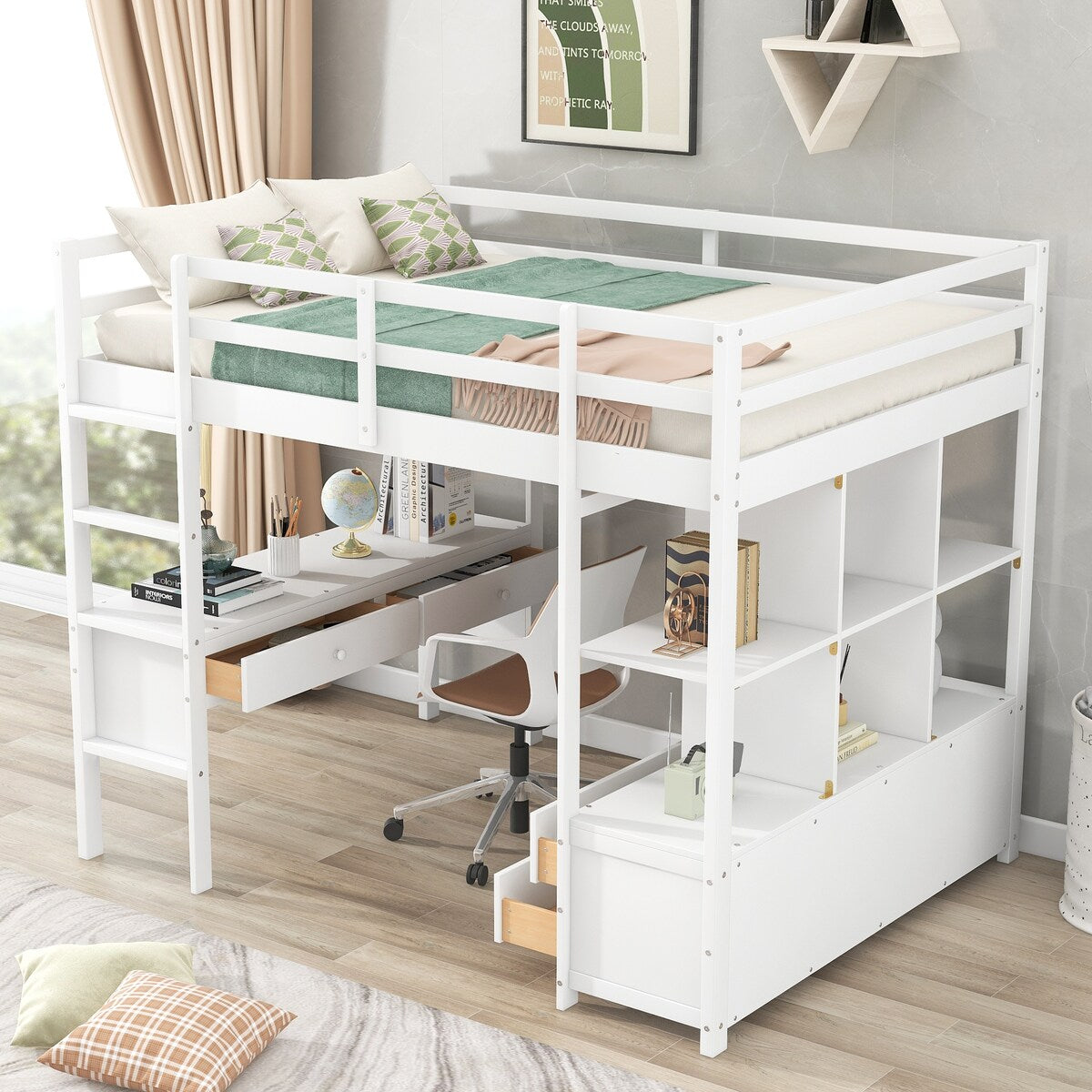 Full Size White Loft Bed, Solid Wood Loftbed Frame for Study and Work