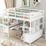 Full Size White Loft Bed, Solid Wood Loftbed Frame for Study and Work