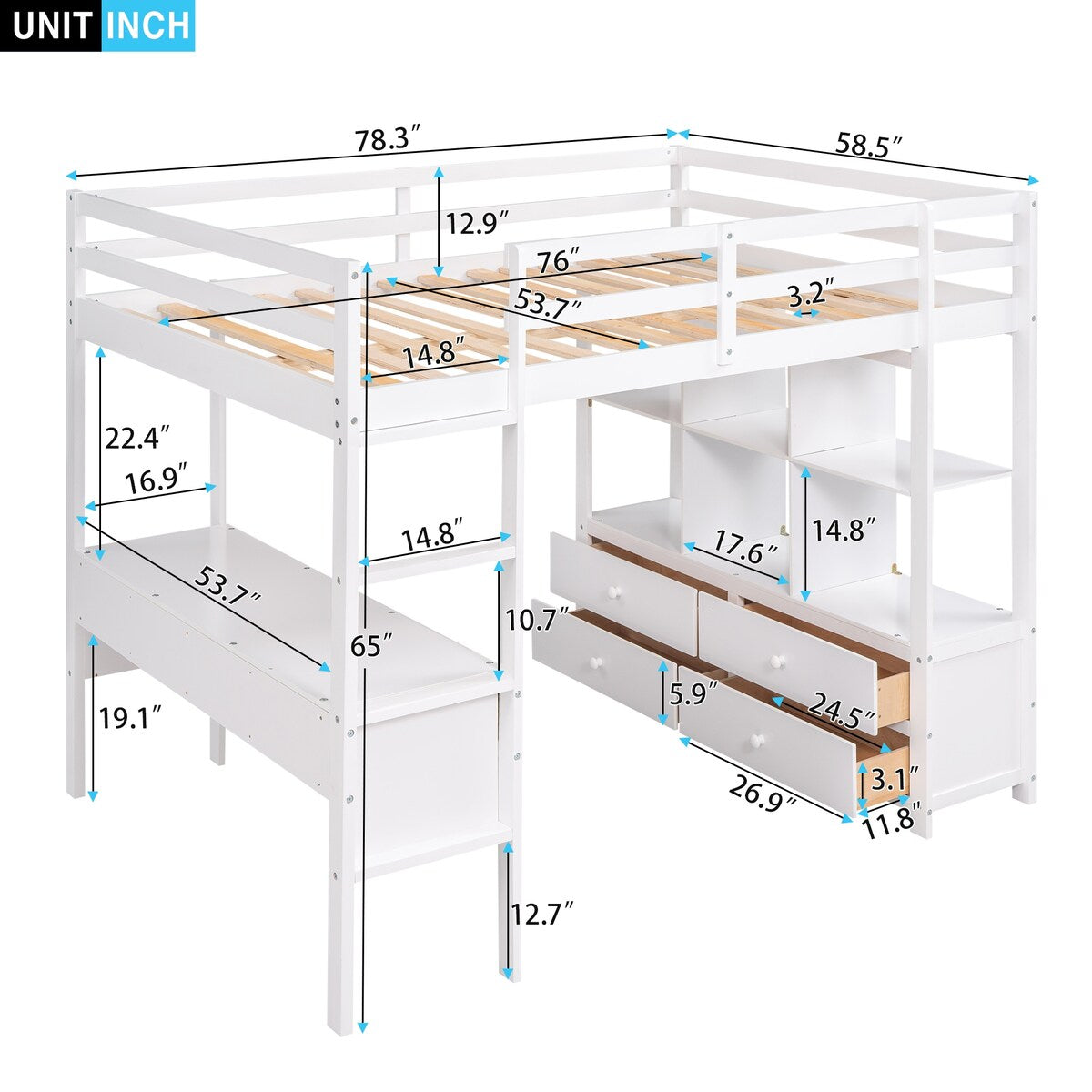 Full Size White Loft Bed, Solid Wood Loftbed Frame for Study and Work