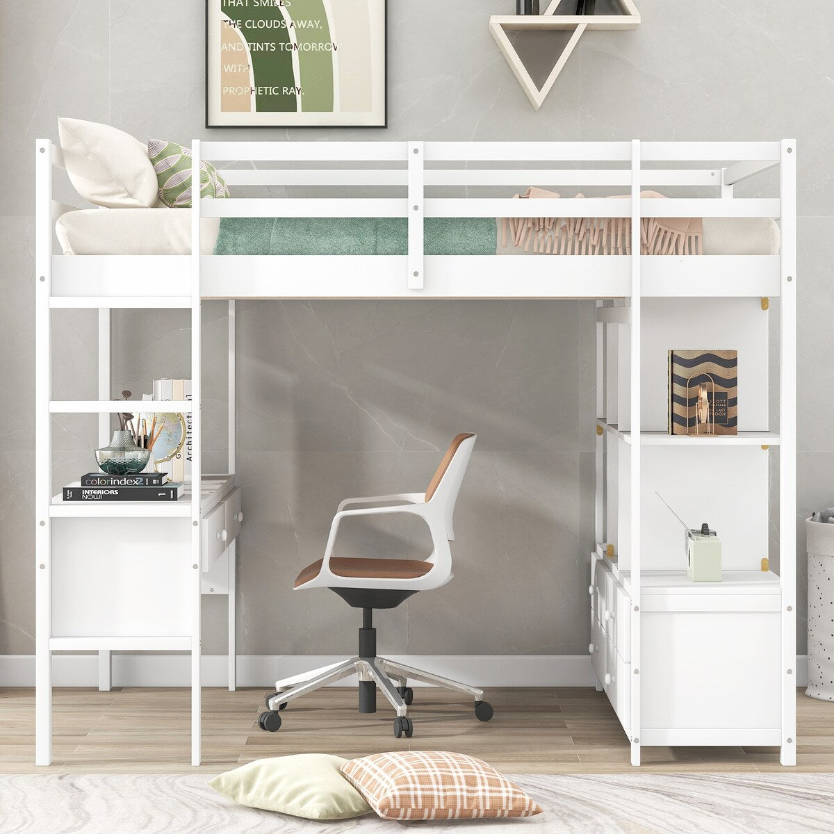 Full Size White Loft Bed, Solid Wood Loftbed Frame for Study and Work