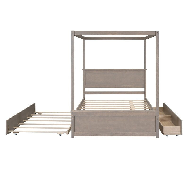 Full Size Wood Canopy Bed with Trundle and 2 Drawers