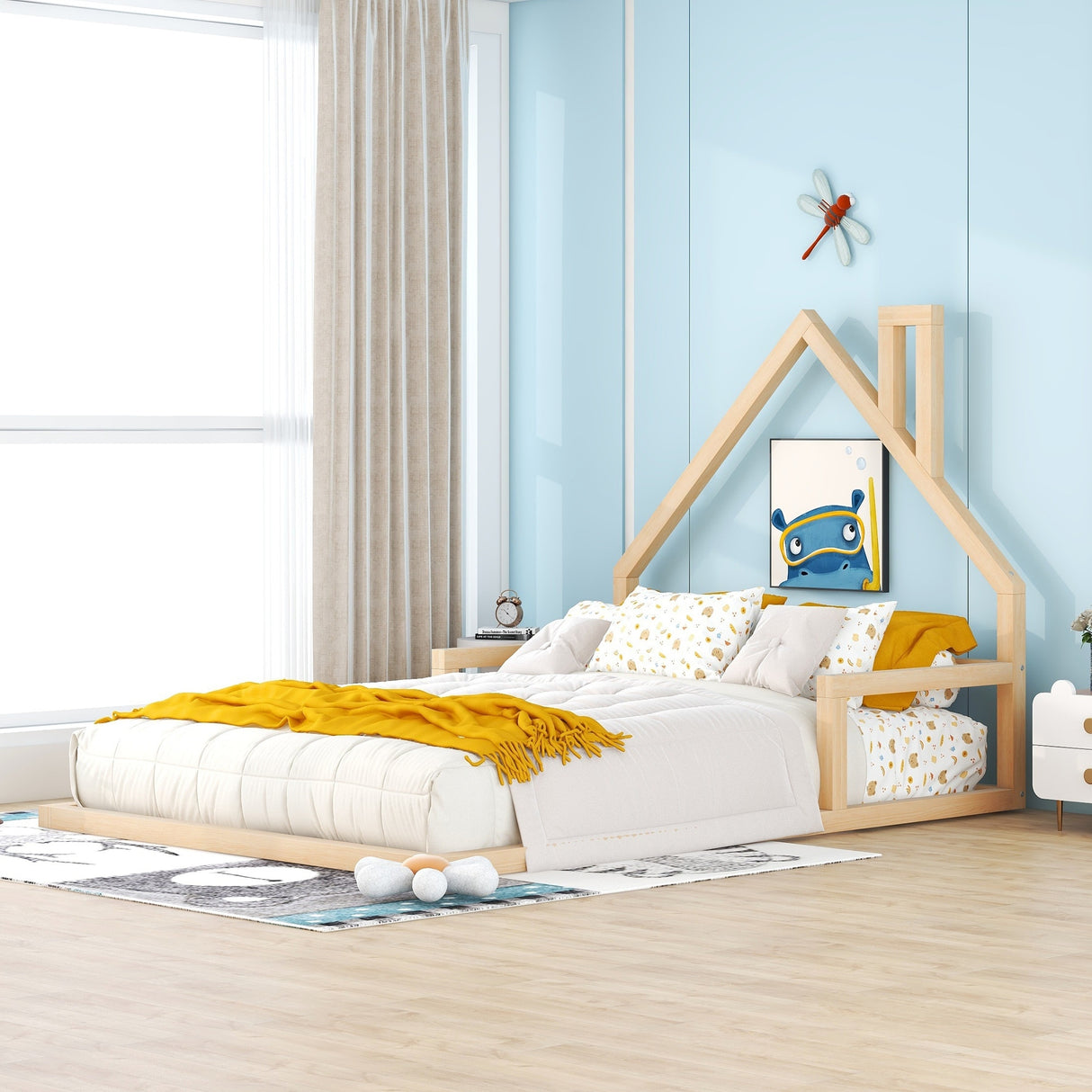 Full Size Wood Floor Bed with House-shaped Headboard