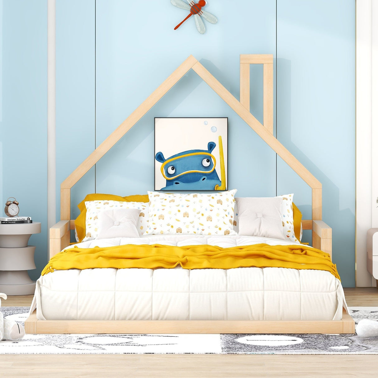 Full Size Wood Floor Bed with House-shaped Headboard
