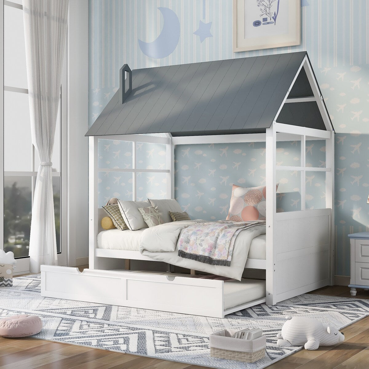 Full Size Wood House Bed with Twin Trundle, Wooden Platform Daybed