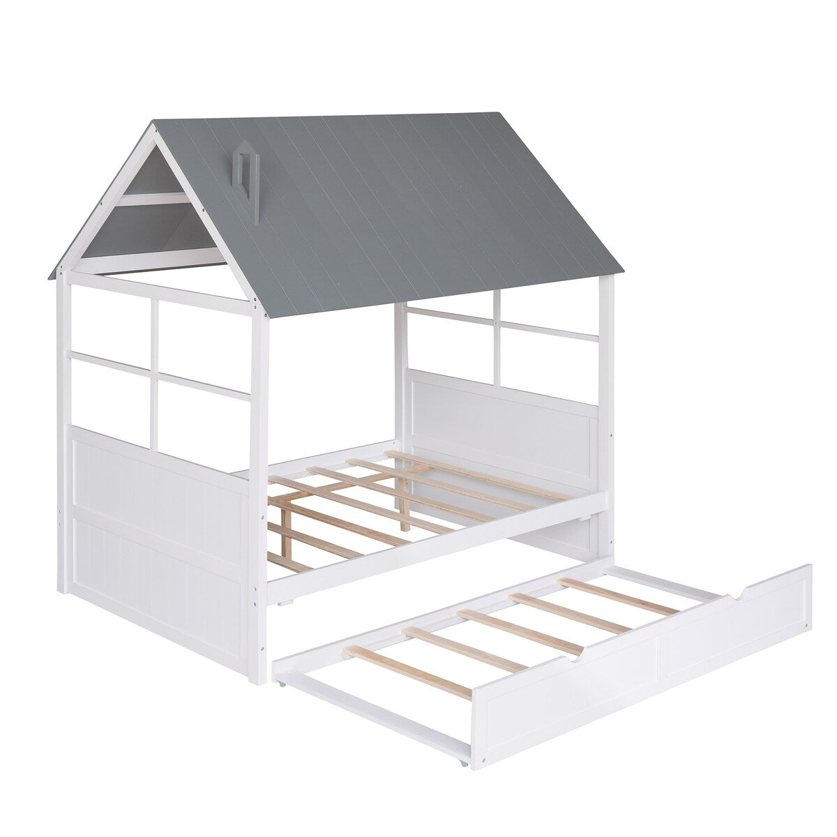 Full Size Wood House Bed with Twin Trundle, Wooden Platform Daybed