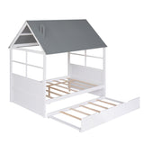 Full Size Wood House Bed with Twin Trundle, Wooden Platform Daybed