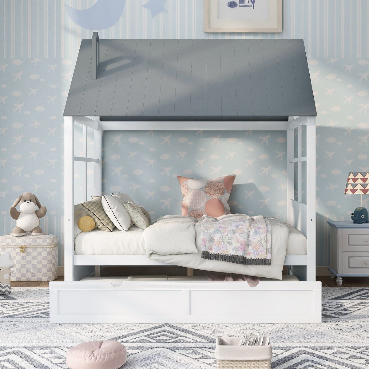 Full Size Wood House Bed with Twin Trundle, Wooden Platform Daybed