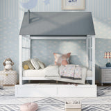 Full Size Wood House Bed with Twin Trundle, Wooden Platform Daybed
